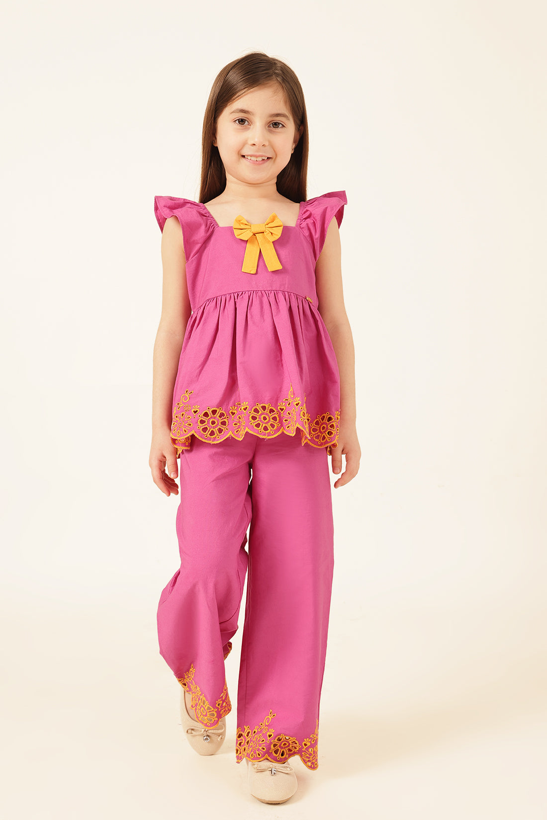 Girls Pink Schiffli Square Neck Top
