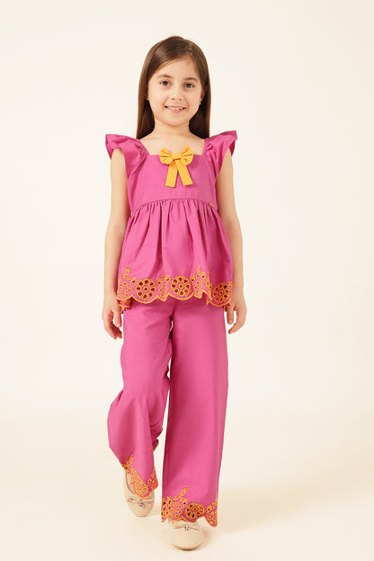 Girls Pink Schiffli Square Neck Top