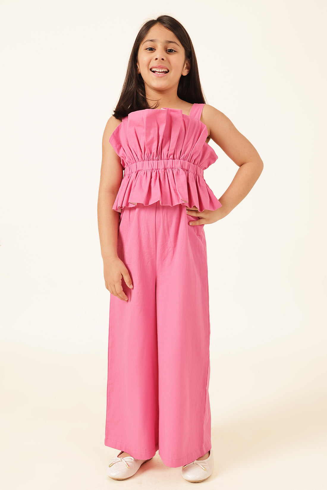 Girls Pink Square Neck Twill Jumpsuit