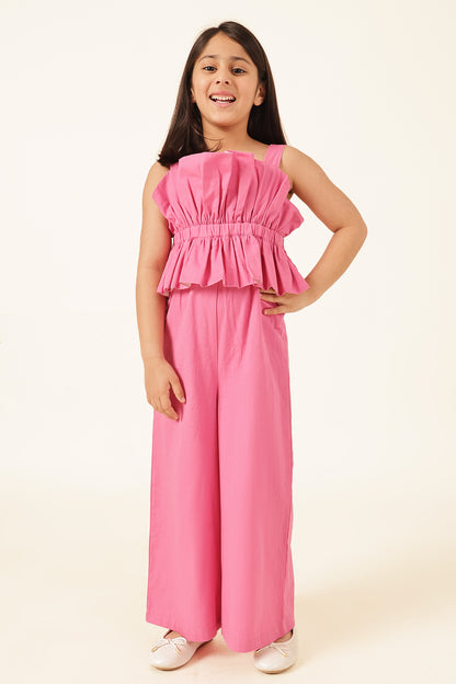Girls Pink Square Neck Twill Jumpsuit