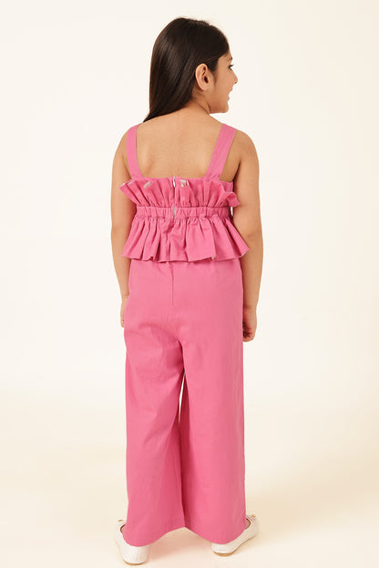 Girls Pink Square Neck Twill Jumpsuit