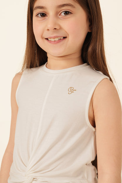 Girls Ivory Solid Print Cotton T-Shirt