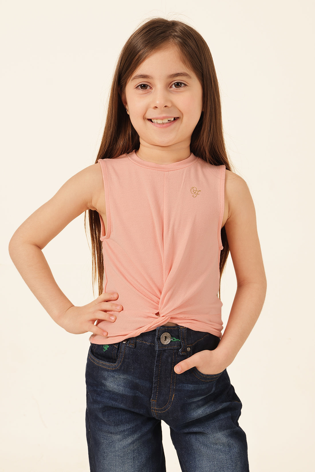 Girls Peach Printed Cotton Knit T-Shirt