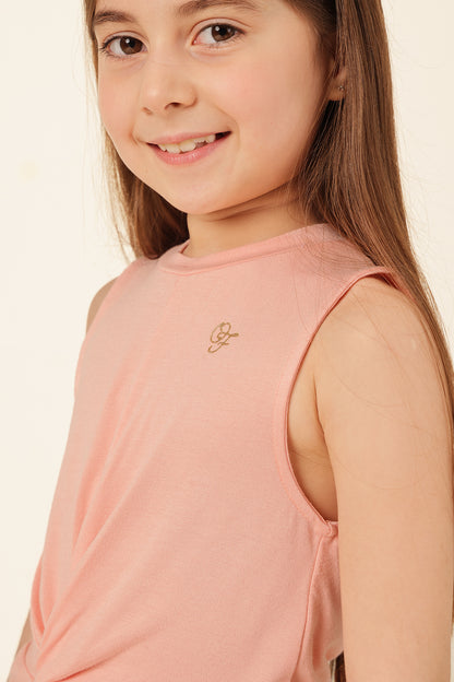 Girls Peach Printed Cotton Knit T-Shirt