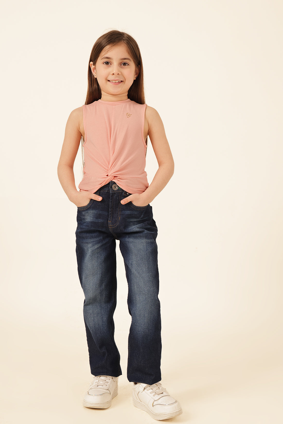 Girls Peach Printed Cotton Knit T-Shirt