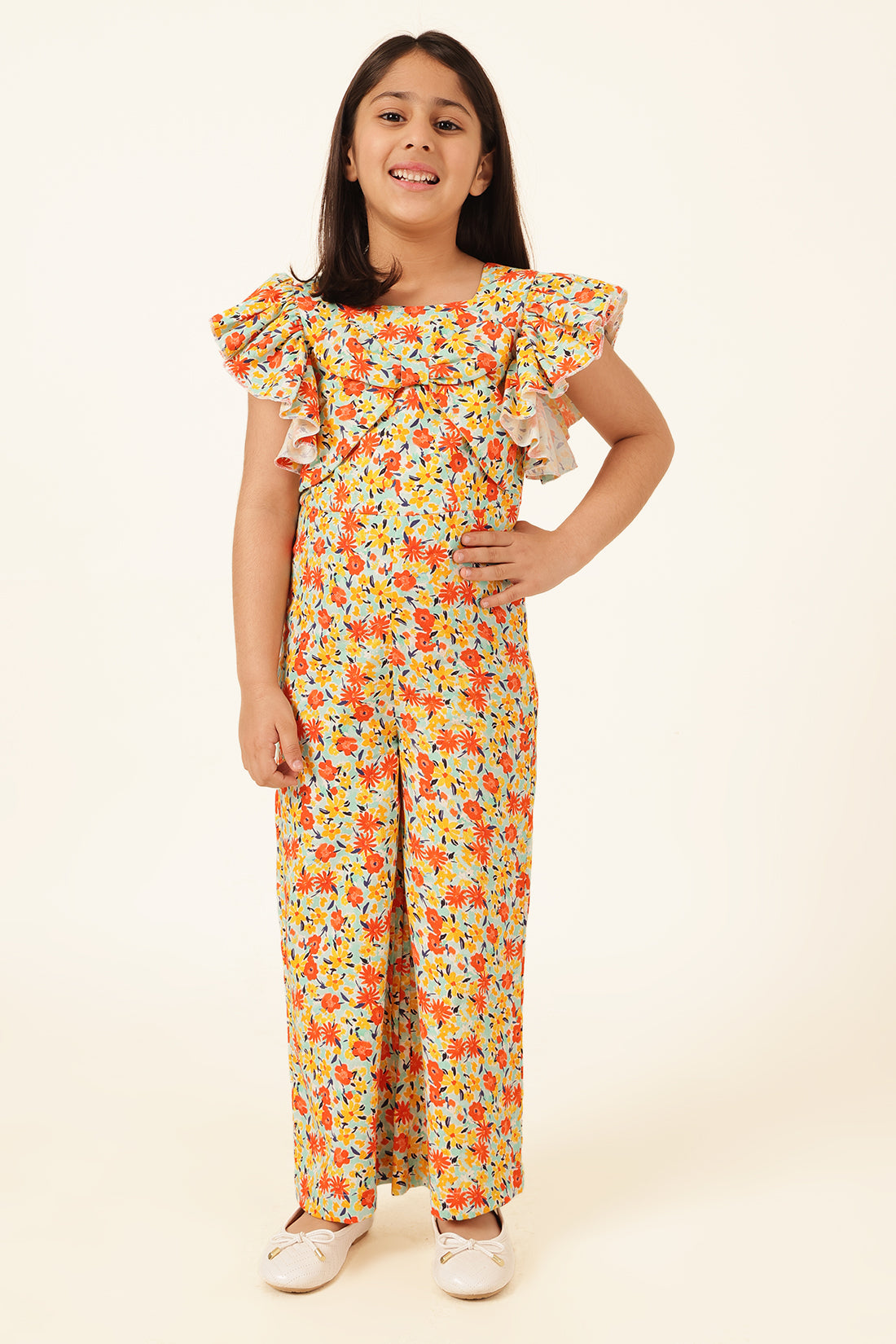 Girls Multi Floral Cotton Twill Jumpsuit