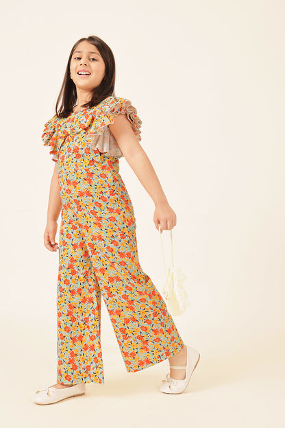 Girls Multi Floral Cotton Twill Jumpsuit