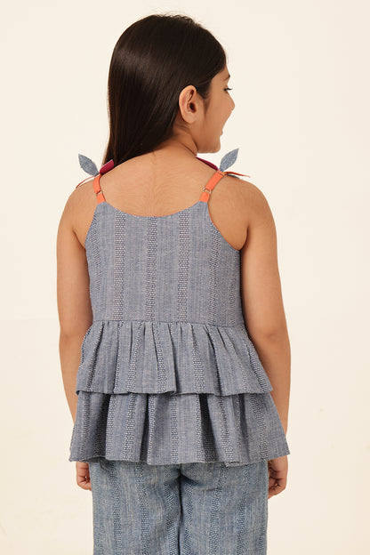 Girls Blue Jacquard Sleeveless Top