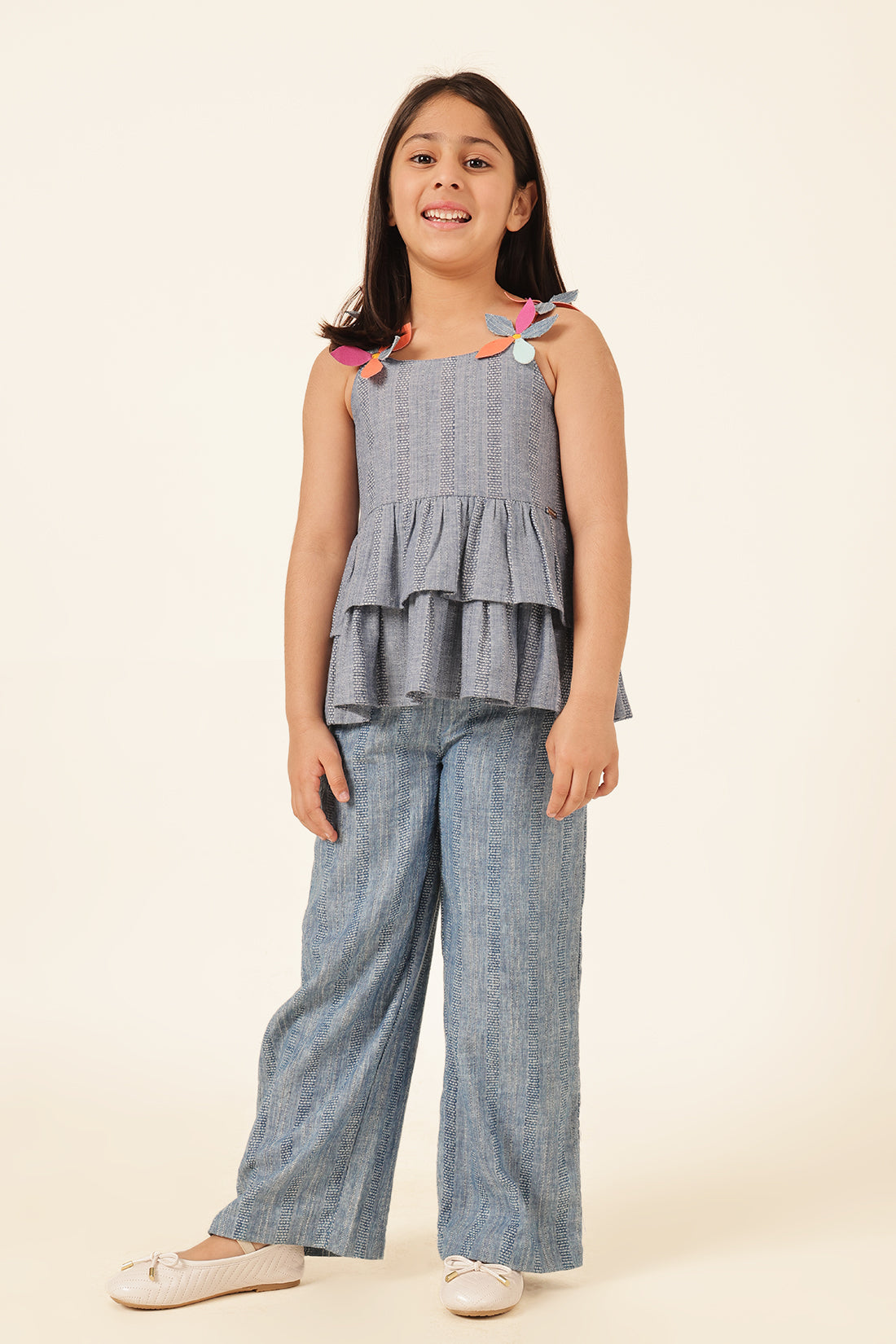 Girls Blue Yarn Dyed Jacquard Trouser