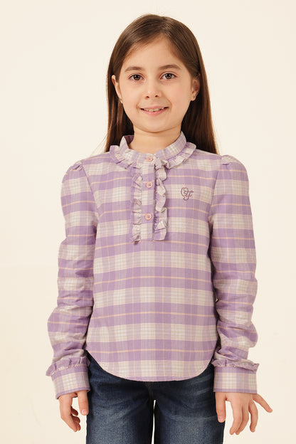 Girls Multi Check Woven Collar Top