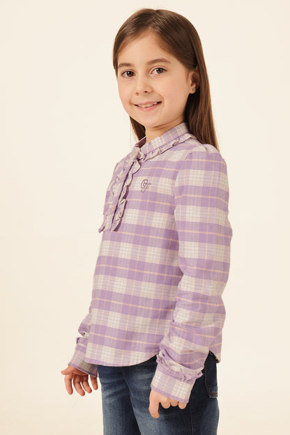 Girls Multi Check Woven Collar Top