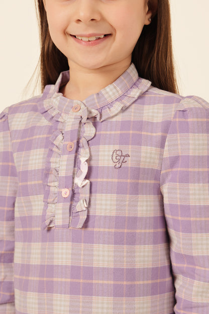 Girls Multi Check Woven Collar Top