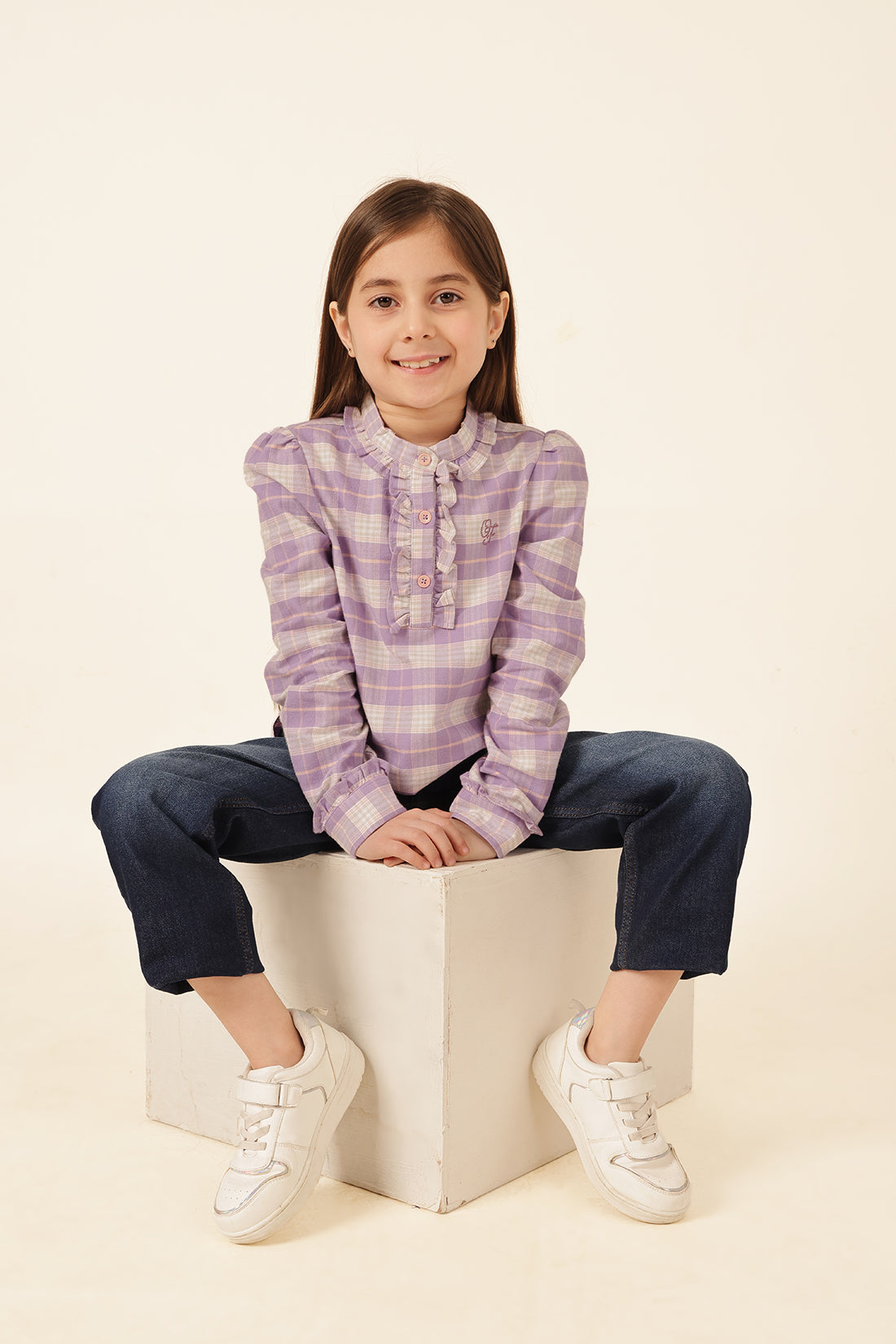 Girls Multi Check Woven Collar Top