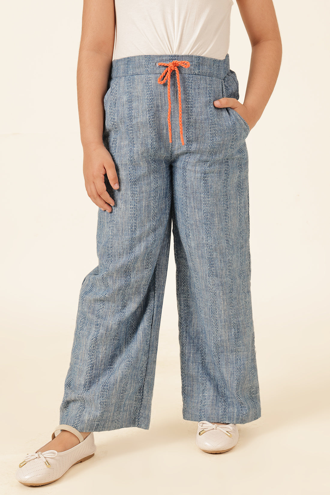 Girls Blue Yarn Dyed Jacquard Trouser