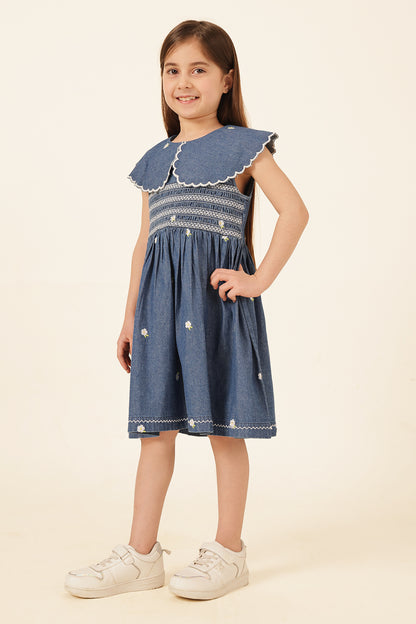 Girls Blue Square Neck Denim Dress