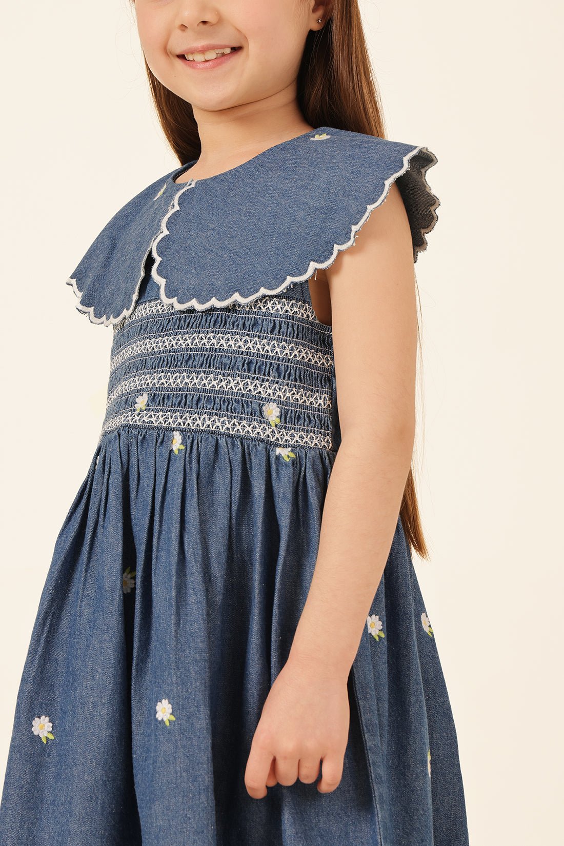 Girls Blue Square Neck Denim Dress