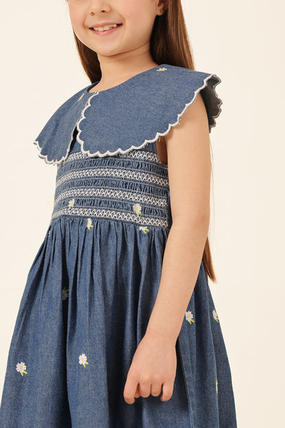Girls Blue Square Neck Denim Dress