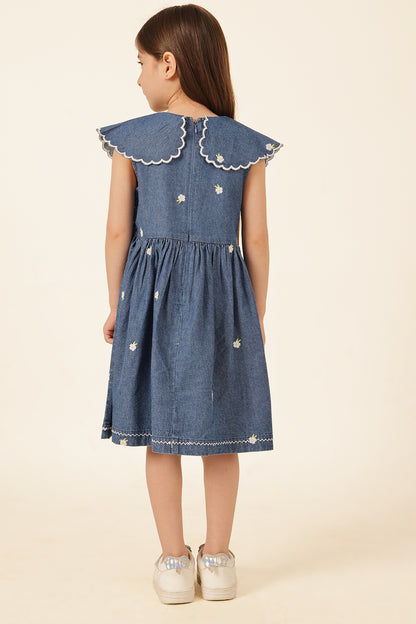 Girls Blue Square Neck Denim Dress