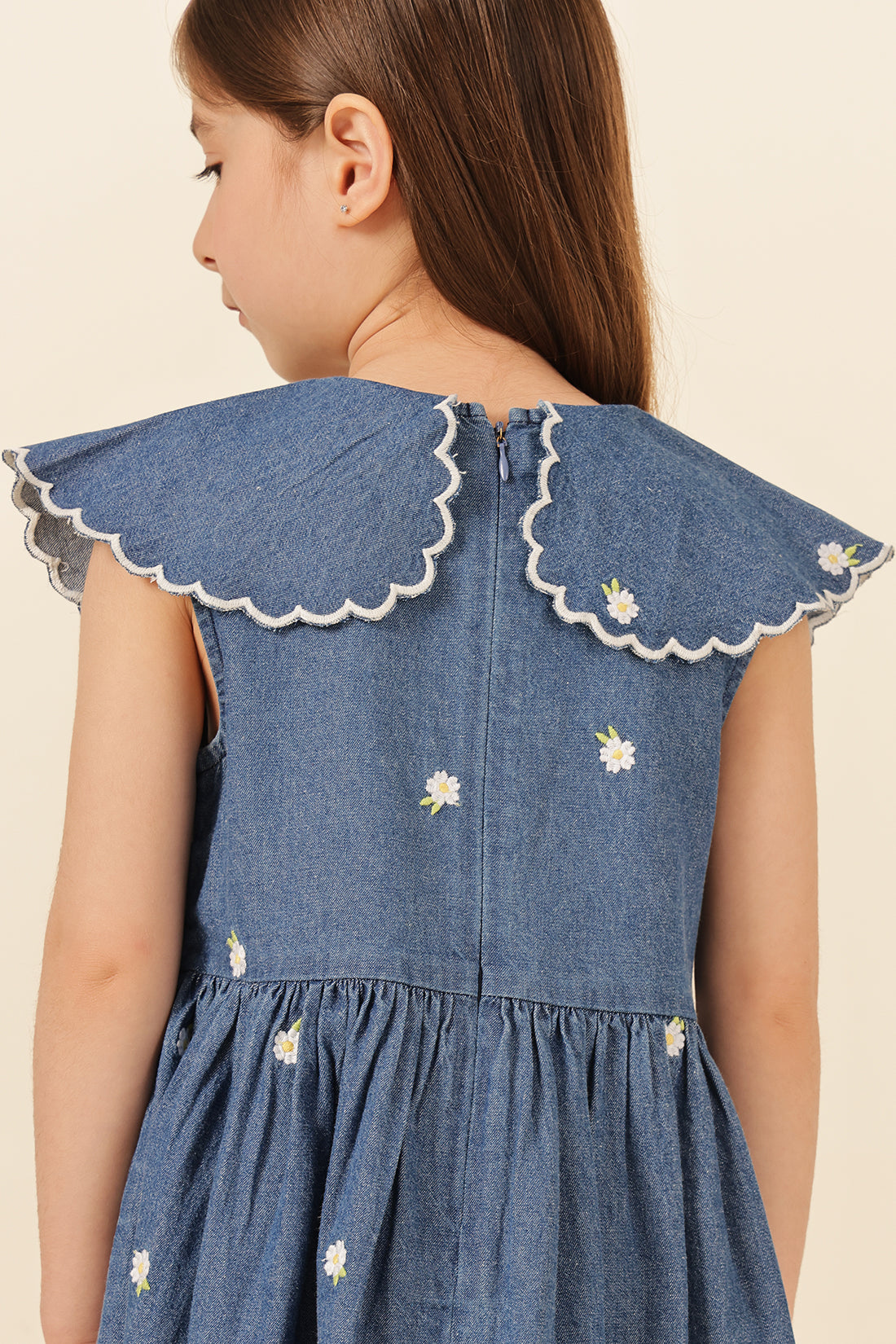 Girls Blue Square Neck Denim Dress