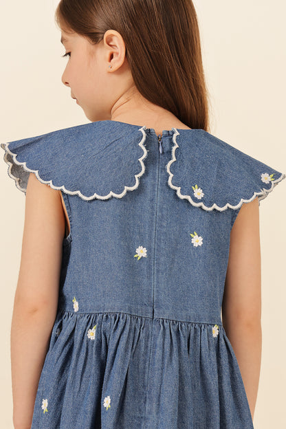 Girls Blue Square Neck Denim Dress
