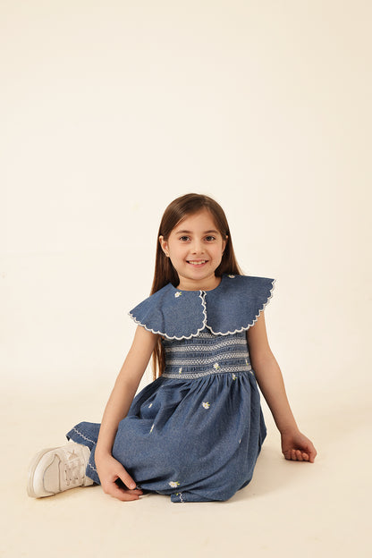 Girls Blue Square Neck Denim Dress