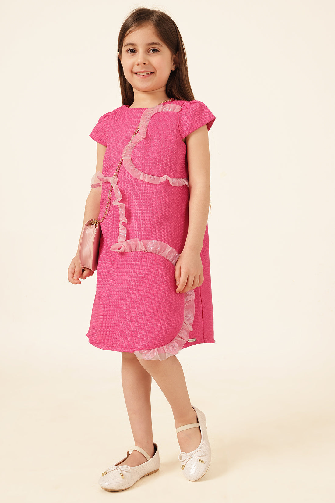 Girls Pink Boucle Woven Dress