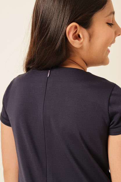 लड़कियों के लिए नेवी ब्लू टेंसेल लाइक्रा ड्रेस