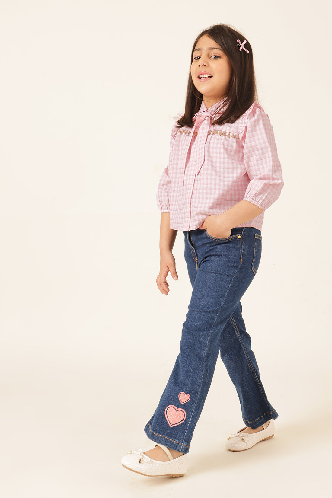 Girls Pink Check Lurex Woven Top