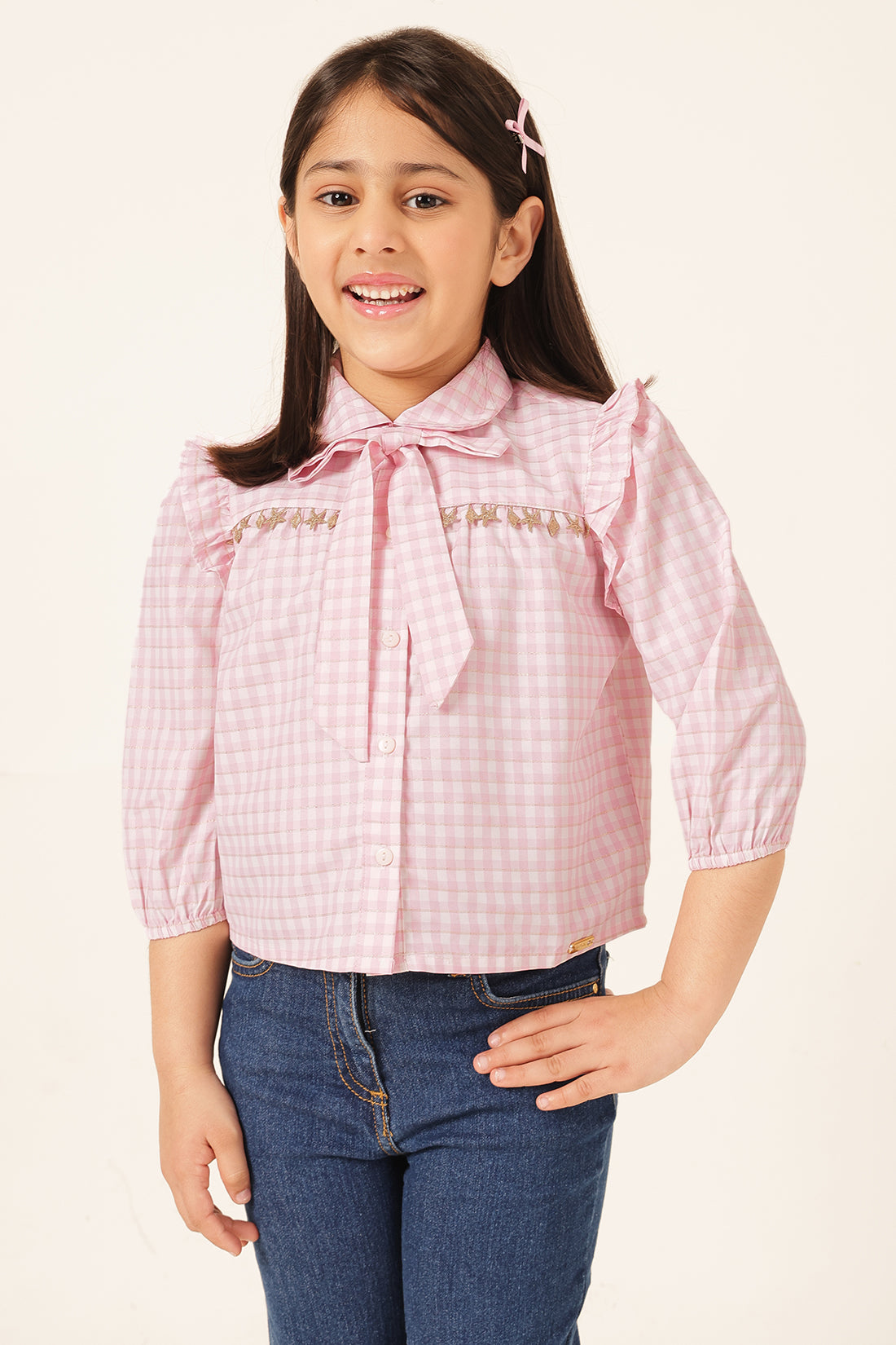 Girls Pink Check Lurex Woven Top