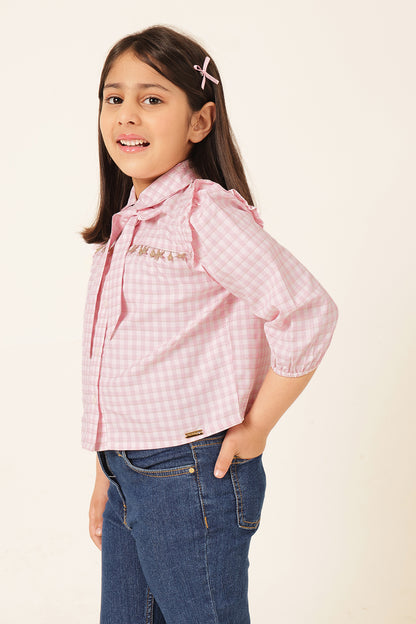 Girls Pink Check Lurex Woven Top