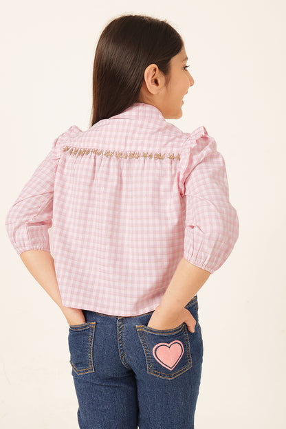 Girls Pink Check Lurex Woven Top