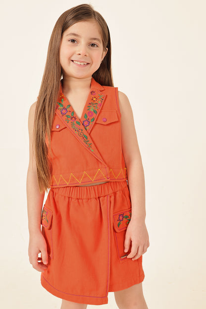 Girls Orange Embellished Cotton Twill Jacket