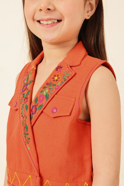 Girls Orange Embellished Cotton Twill Jacket