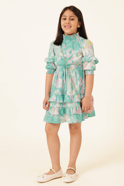 Girls Multi High Neck Poly Crepe Dress
