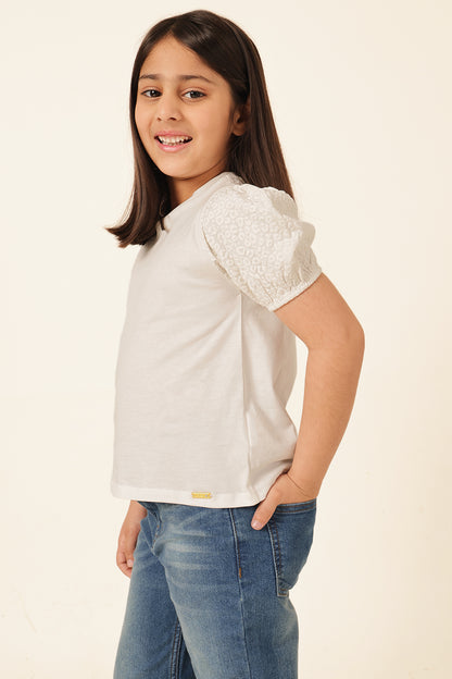 Girls Off White Printed Cotton T-Shirt