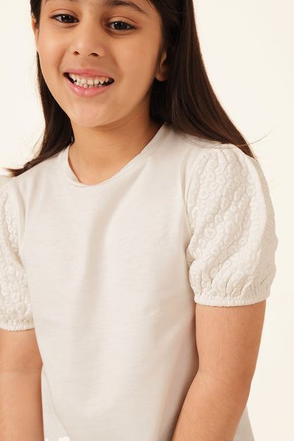 Girls Off White Printed Cotton T-Shirt