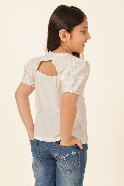 Girls Off White Printed Cotton T-Shirt