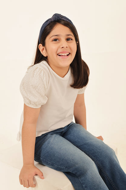 Girls Off White Printed Cotton T-Shirt