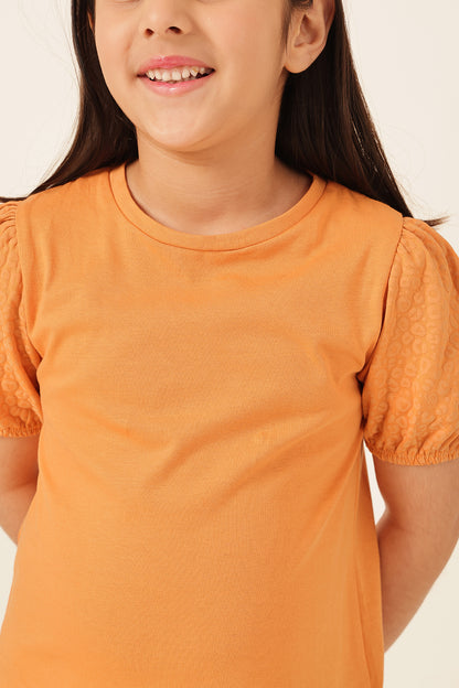 Girls Orange Printed Cotton T-Shirt