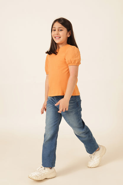 Girls Orange Printed Cotton T-Shirt