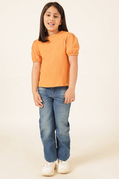 Girls Orange Printed Cotton T-Shirt