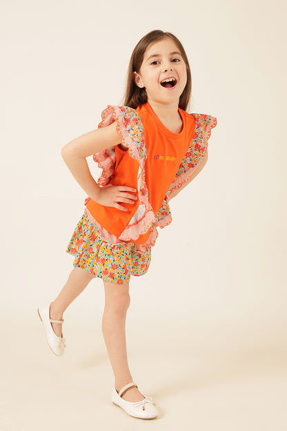 Girls Orange Cotton Jersey Knit Top