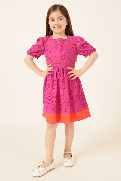 Girls Pink Cotton Schiffli Dress