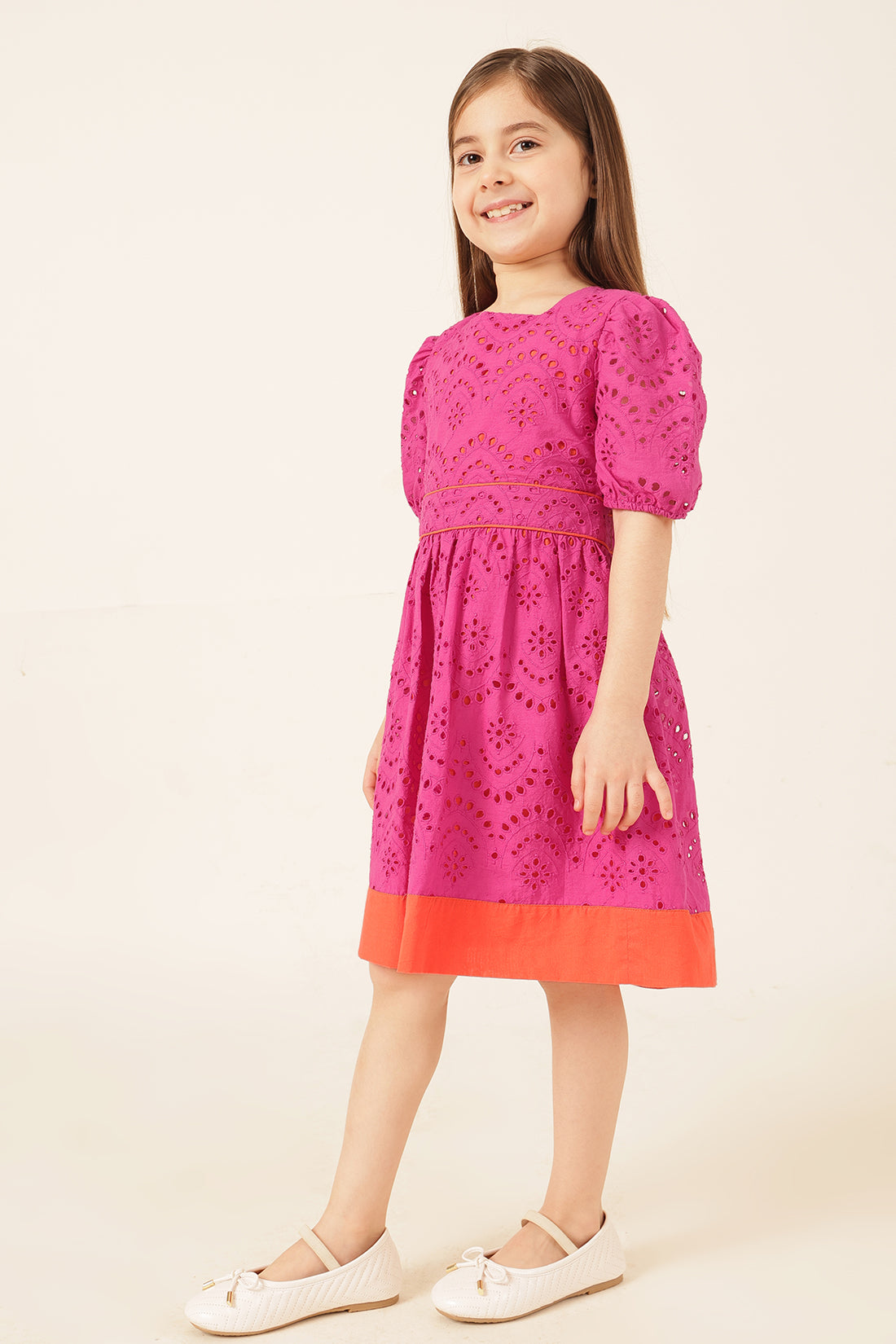 Girls Pink Cotton Schiffli Dress