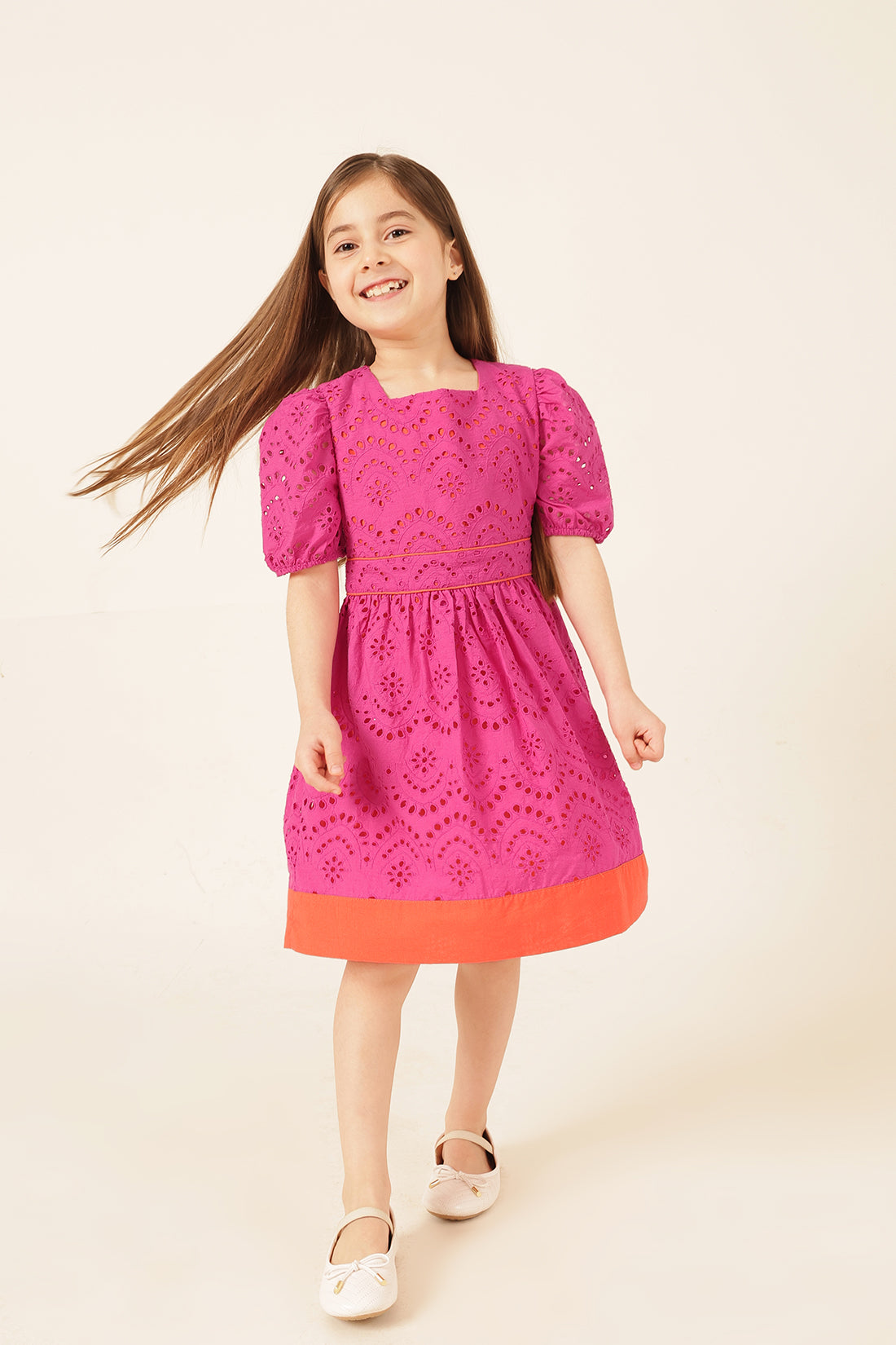 Girls Pink Cotton Schiffli Dress