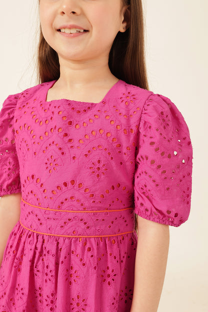 Girls Pink Cotton Schiffli Dress