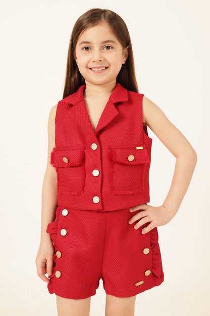 Girls Red Boucle Sleeveless Jacket