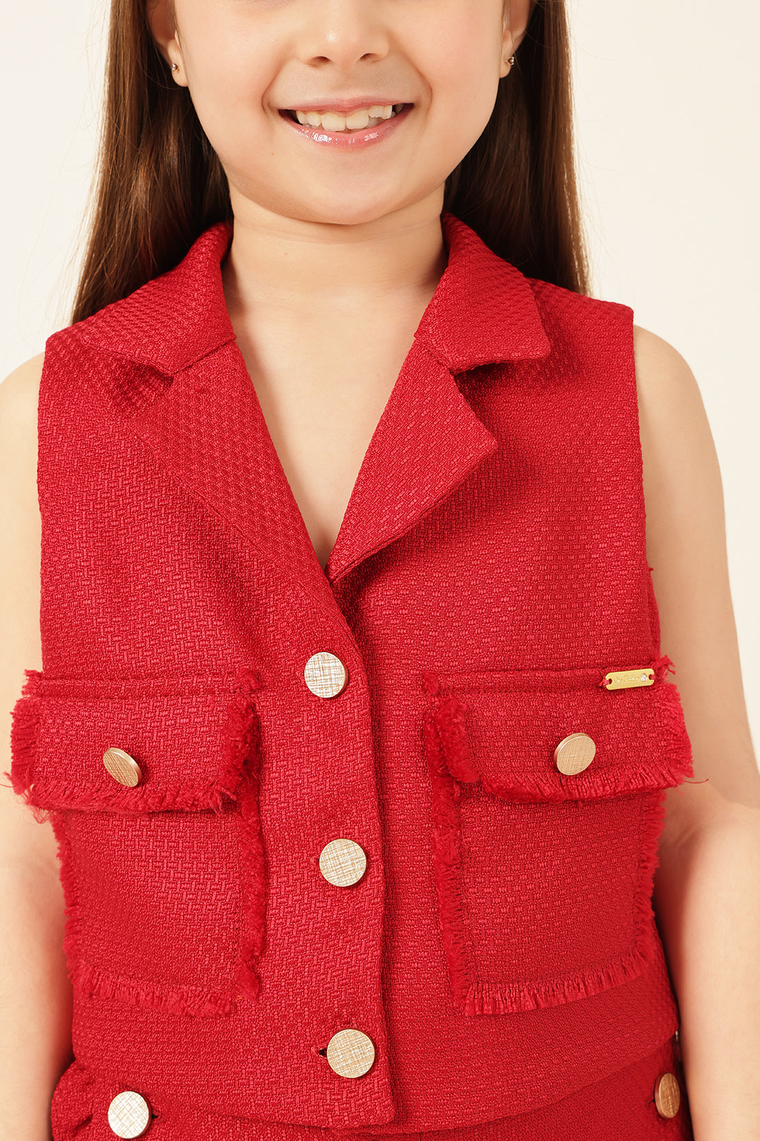Girls Red Boucle Sleeveless Jacket