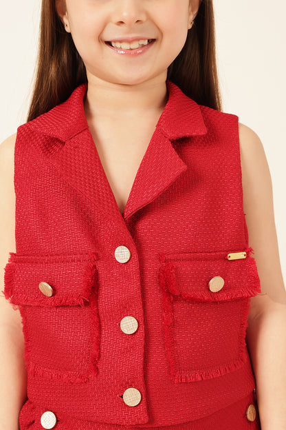 Girls Red Boucle Sleeveless Jacket