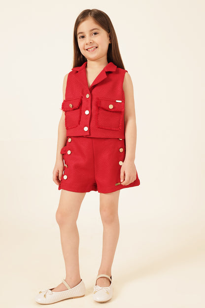 Girls Red Boucle Sleeveless Jacket